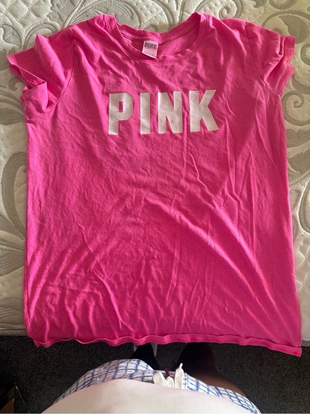 PINK Victoria's Secret Hot Pink Short Sleeve Logo Tee with shorts